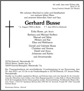 Anzeige  Gerhard Busse  Lippische Landes-Zeitung