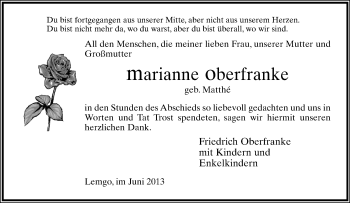 Anzeige  Marianne Oberfranke  Lippische Landes-Zeitung