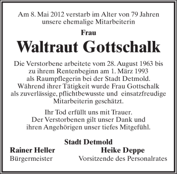 Anzeige  Waltraut Gottschalk  Lippische Landes-Zeitung