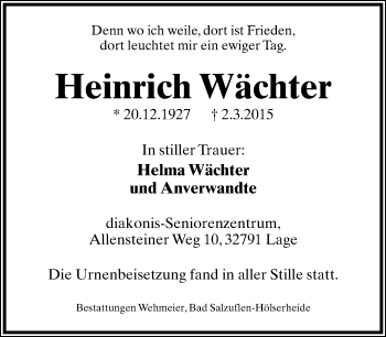 Anzeige  Heinrich Wächter  Lippische Landes-Zeitung