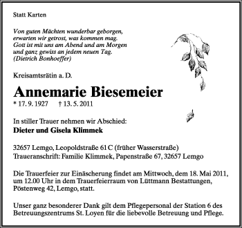Anzeige  Annemarie Biesemeier  Lippische Landes-Zeitung