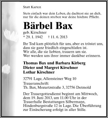 Anzeige  Bärbel Bax  Lippische Landes-Zeitung