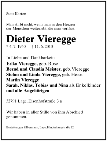 Anzeige  Dieter Vieregge  Lippische Landes-Zeitung