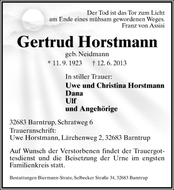 Anzeige  Gertrud Horstmann  Lippische Landes-Zeitung