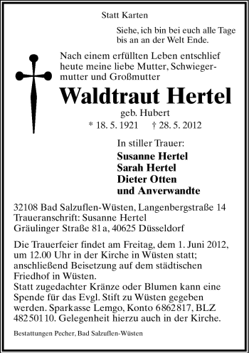 Anzeige  Waldtraut Hertel  Lippische Landes-Zeitung