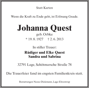 Anzeige  Johanna Quest  Lippische Landes-Zeitung
