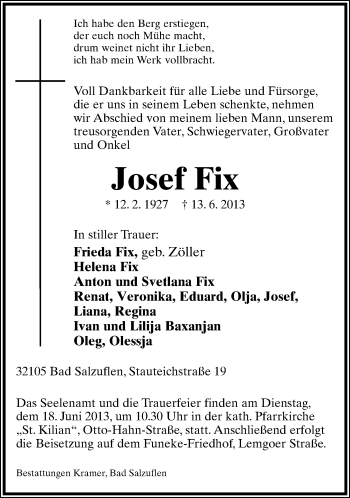 Anzeige  Josef Fix  Lippische Landes-Zeitung