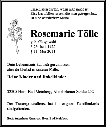 Anzeige  Rosemarie Tölle  Lippische Landes-Zeitung
