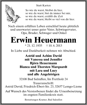 Anzeige  Erwin Heuermann  Lippische Landes-Zeitung