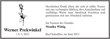 Anzeige  Werner Prekwinkel  Lippische Landes-Zeitung