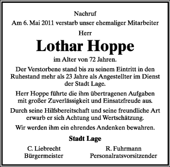 Anzeige  Lothar Hoppe  Lippische Landes-Zeitung
