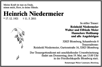 Anzeige  Heinrich Niedermeier  Lippische Landes-Zeitung