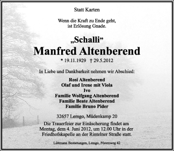 Anzeige  Manfred Altenberend  Lippische Landes-Zeitung