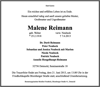 Anzeige  Malene Reimann  Lippische Landes-Zeitung