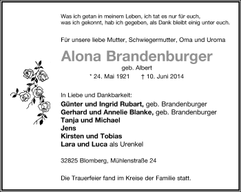 Anzeige  Alona Brandenburger  Lippische Landes-Zeitung