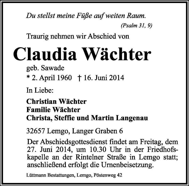  Traueranzeige für Claudia Wächter vom 21.06.2014 aus Lippische Landes-Zeitung