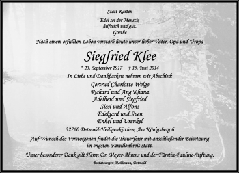 Anzeige  Siegfried Klee  Lippische Landes-Zeitung