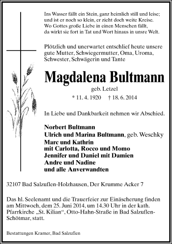 Anzeige  Magdalena Bultmann  Lippische Landes-Zeitung