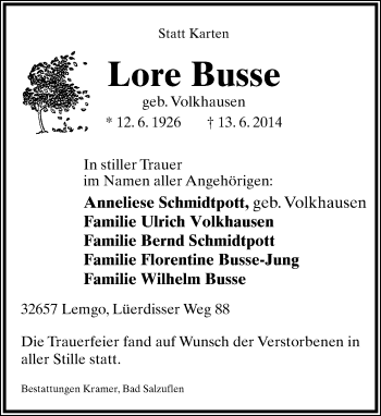 Anzeige  Lore Busse  Lippische Landes-Zeitung