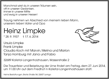 Anzeige  Heinz Limpke  Lippische Landes-Zeitung