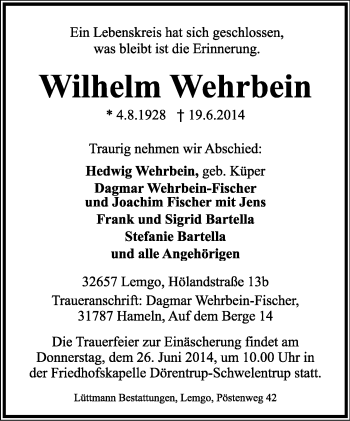 Anzeige  Wilhelm Wehrbein  Lippische Landes-Zeitung