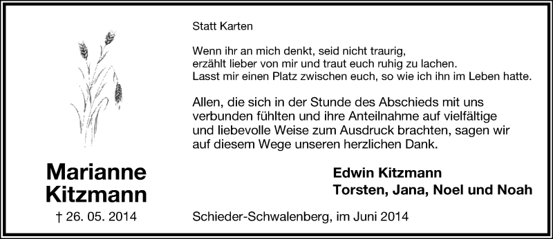  Traueranzeige für Marianne Kitzmann vom 21.06.2014 aus Lippische Landes-Zeitung
