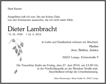 Anzeige  Dieter Lambracht  Lippische Landes-Zeitung