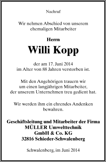 Anzeige  Willi Kopp  Lippische Landes-Zeitung