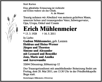 Anzeige  Erich Mühlenmeier  Lippische Landes-Zeitung