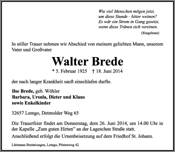Anzeige  Walter Brede  Lippische Landes-Zeitung