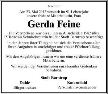 Anzeige  Gerda Feine  Lippische Landes-Zeitung