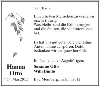 Anzeige  Hanna Otto  Lippische Landes-Zeitung