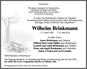 Anzeige  Wilhelm Brinkmann  Lippische Landes-Zeitung