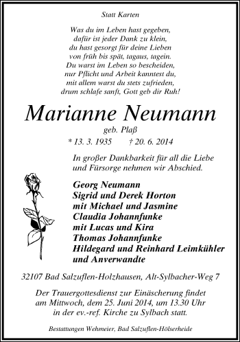 Anzeige  Marianne Neumann  Lippische Landes-Zeitung