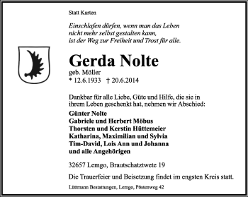 Anzeige  Gerda Nolte  Lippische Landes-Zeitung