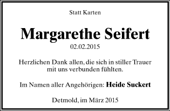 Anzeige  Margarethe Seifert  Lippische Landes-Zeitung