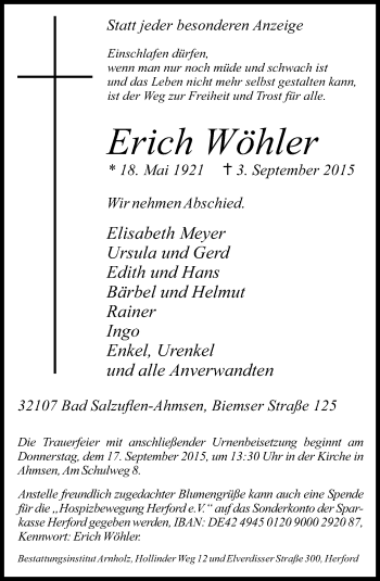 Anzeige  Erich Wöhler  Lippische Landes-Zeitung
