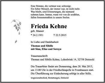Anzeige  Frieda Kehne  Lippische Landes-Zeitung