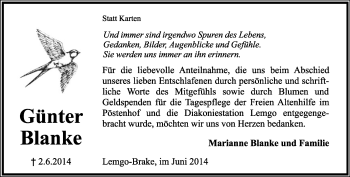 Anzeige  Günter Blanke  Lippische Landes-Zeitung