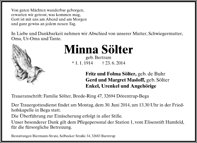  Traueranzeige für Minna Sölter vom 25.06.2014 aus Lippische Landes-Zeitung