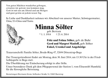 Anzeige  Minna Sölter  Lippische Landes-Zeitung
