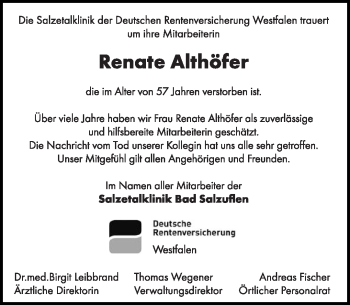 Anzeige  Renate Althöfer  Lippische Landes-Zeitung