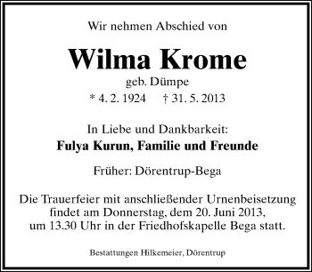 Anzeige  Wilma Krome  Lippische Landes-Zeitung