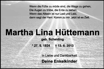 Anzeige  Martha Lina Hüttemann  Lippische Landes-Zeitung