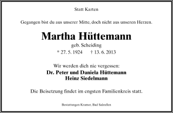 Anzeige  Martha Hüttemann  Lippische Landes-Zeitung