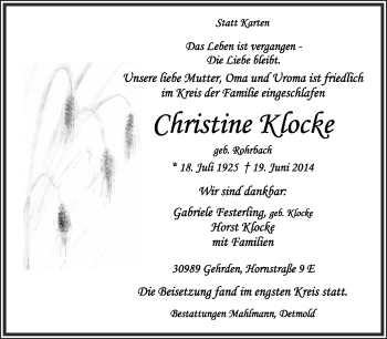 Anzeige  Christine Klocke  Lippische Landes-Zeitung