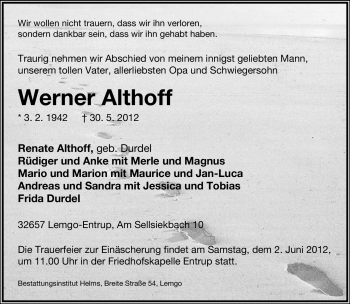 Anzeige  Werner Althoff  Lippische Landes-Zeitung