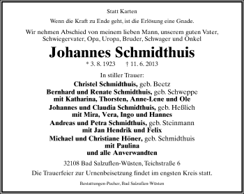 Anzeige  Johannes Schmidthuis  Lippische Landes-Zeitung