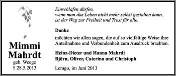Anzeige  Mimmi Mahrdt  Lippische Landes-Zeitung