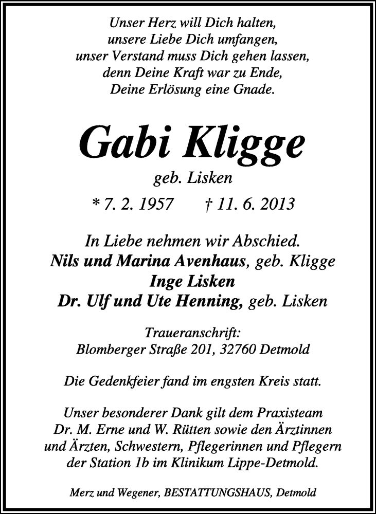  Traueranzeige für Gabi Kligge vom 15.06.2013 aus Lippische Landes-Zeitung